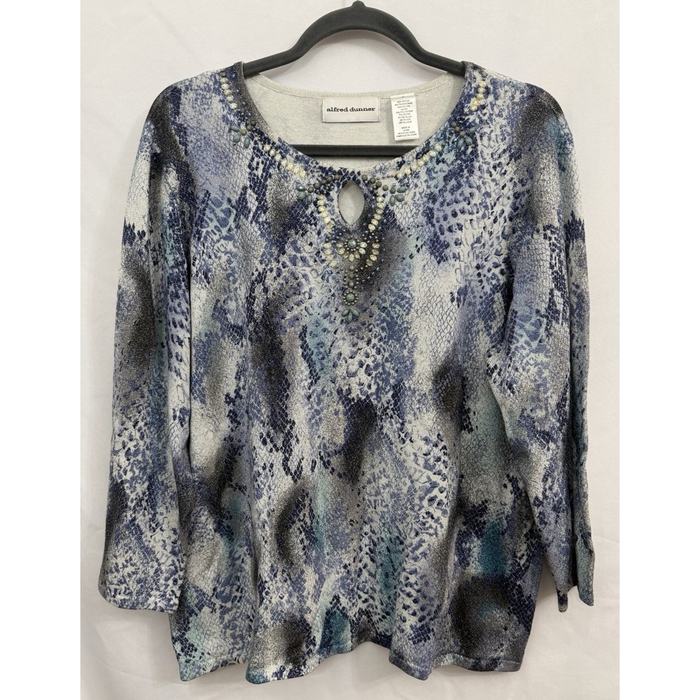 Alfred Dunner Blue Silver Snake Print Beaded Shimmer Lightweight Sweater Women M